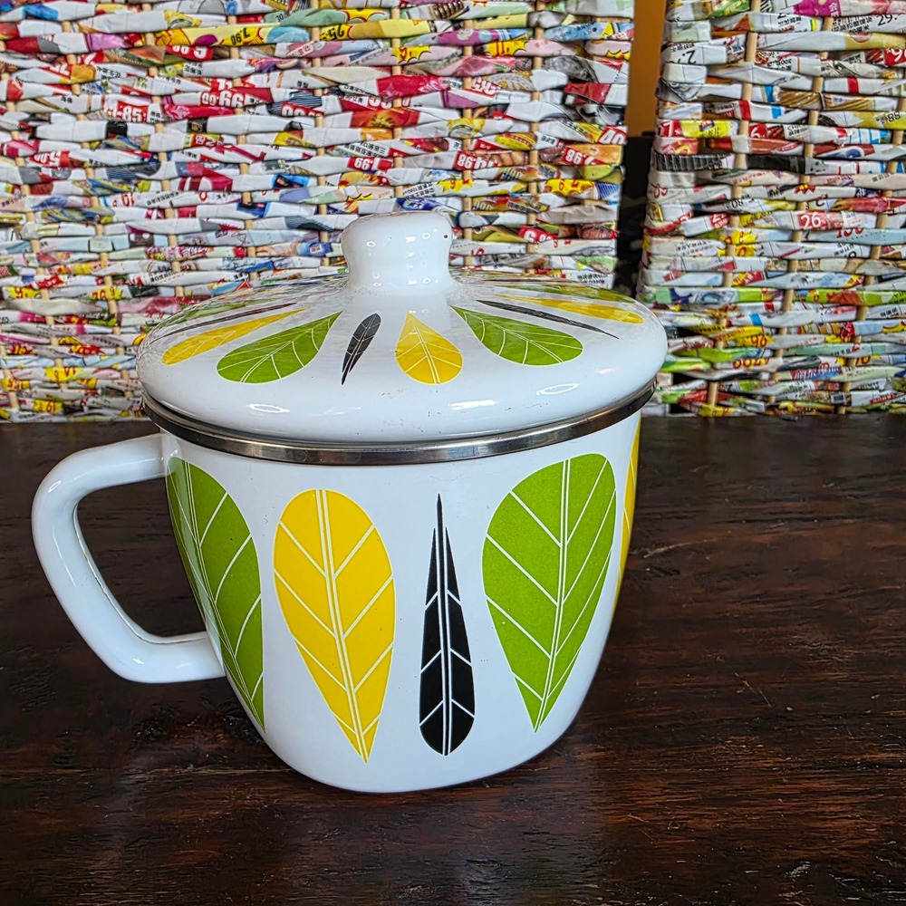 Oulijia Enamel Lidded Mug Leaf Pattern 940ml Instant Noodle Cup Green Yellow